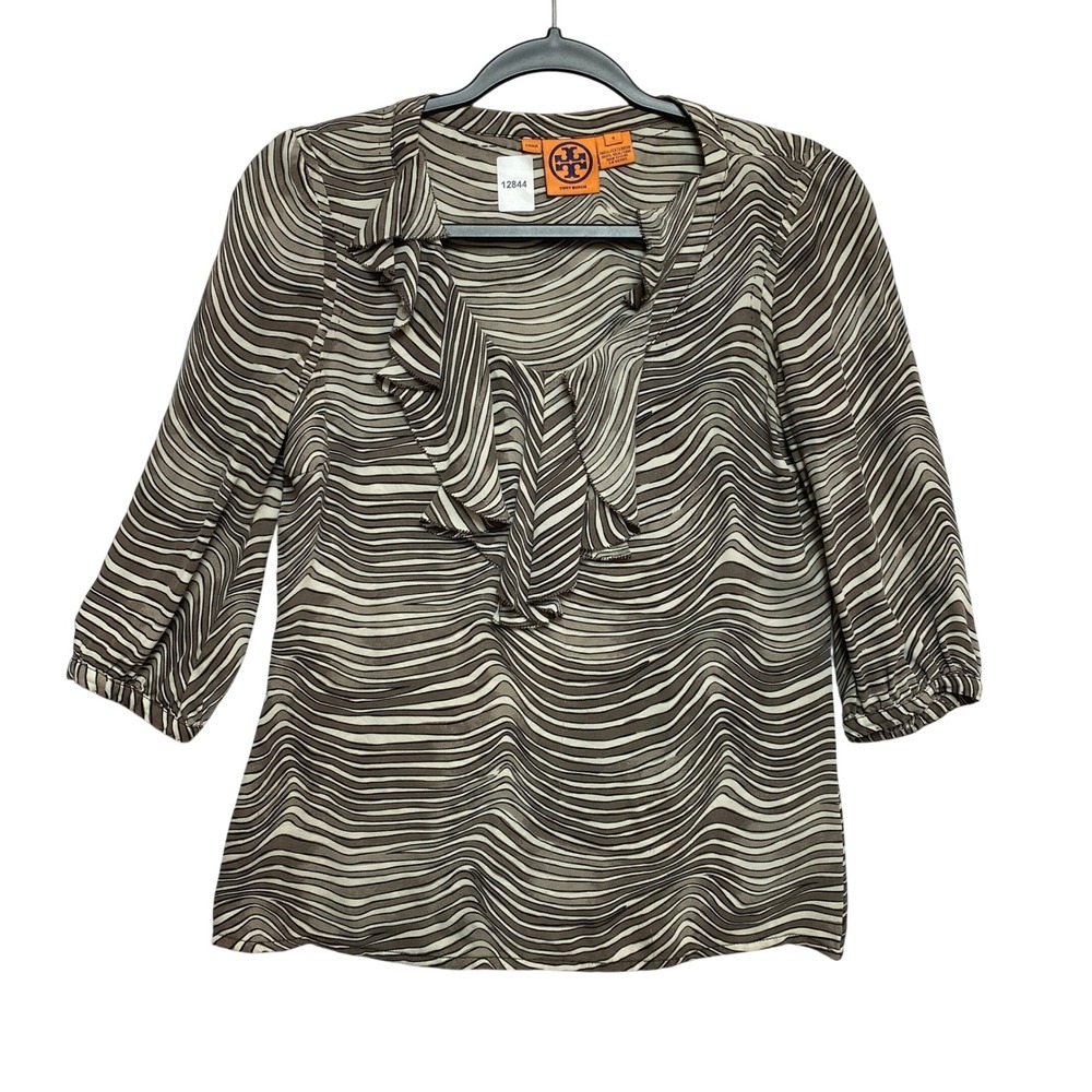 Tory Burch Blouse Womens 4 Brown Wavy Abstract Ruffle 100% Silk 3/4 Sleeve